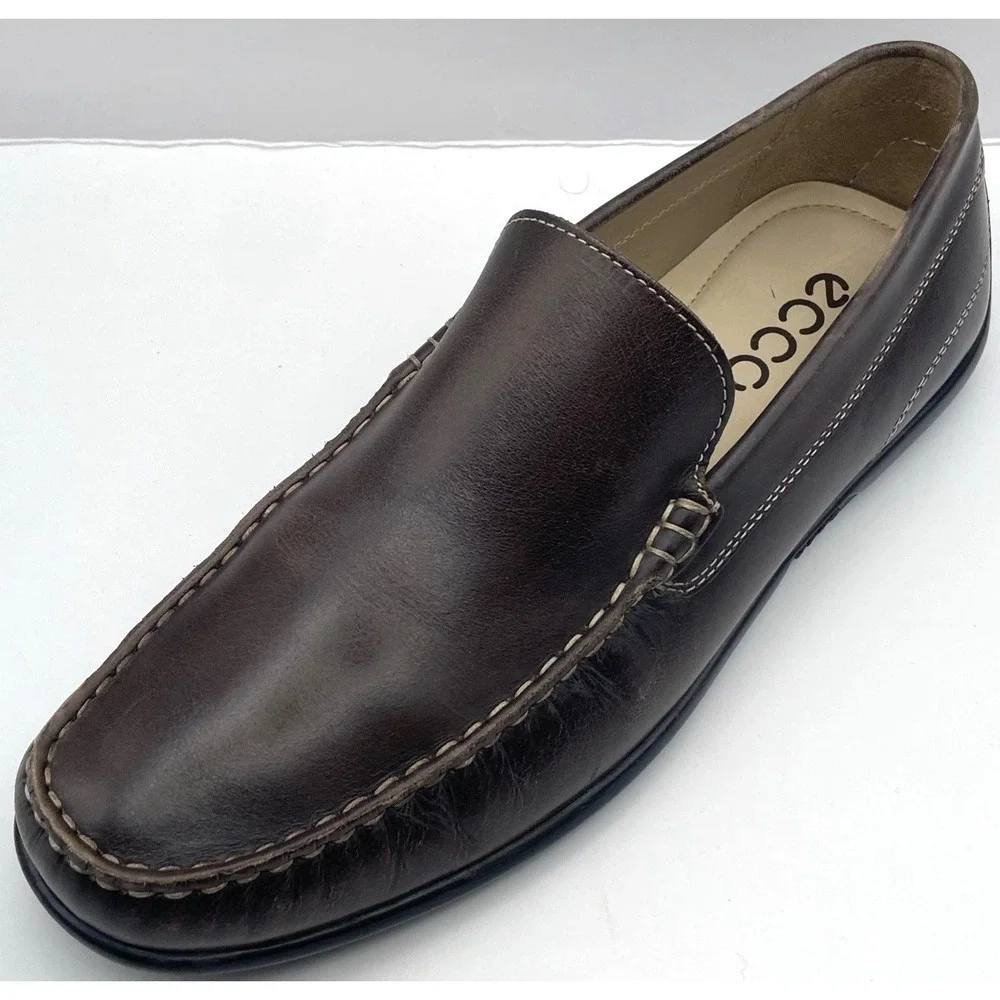 ECCO Leather Driving Loafers Mens Size 9.5 EU 43 Brown Moc Toe Slip On Comfort